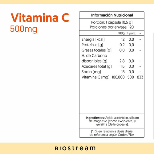 Vitamina C 500mg Sin Azúcar 120 Cápsulas Biostream