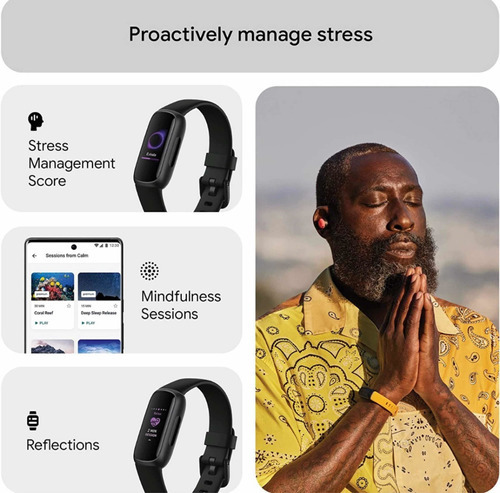 Fitbit Inspire 3 Health & Fitness Tracker Gestion Del Estres Color De La Caja Negro Color De La Malla Negro Color Del Bisel Negro Diseño De La Malla Banda