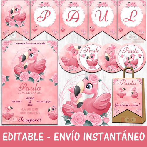 Kit Imprimible Candybar Baby Shower Flamenco Rosa Editable
