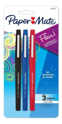 Marcador De Agua Paper Mate Flair 3 Ct Con Diseño De Básico De Punta Redonda X Unidad