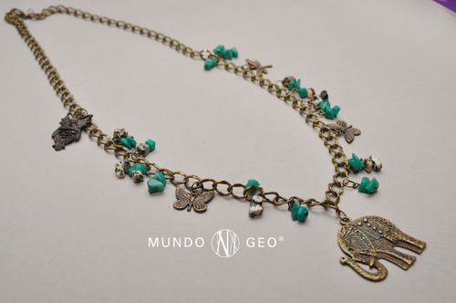 Imagen 1 de 2 de Collar Con Jaspe Dálmata, Amanzonita Y Dijes De Bronce