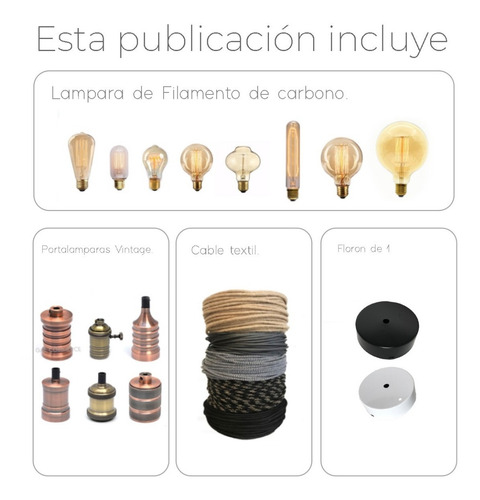 Imagen 2 de 9 de Portalampara Con Lampara Filamento Y Cable Textil Floron