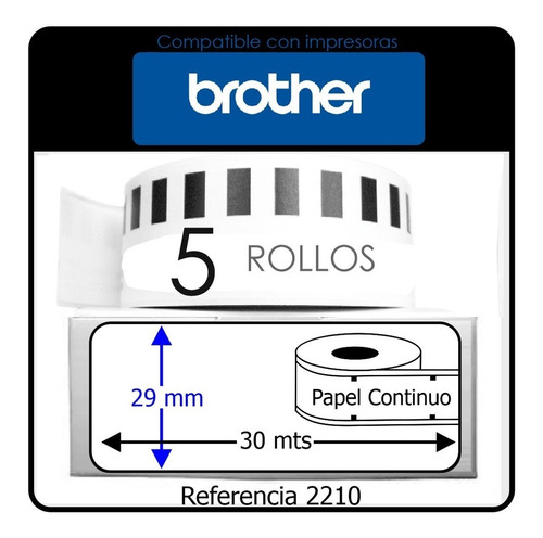 5 Rollos Etiquetas Dk 2210  Impresora Brother Ql 29mm X 30m
