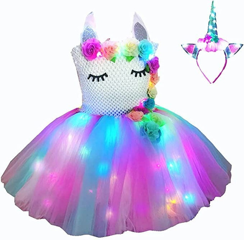 Disfraz De Unicornio Blanco Malla Con Luces Talla 5-6