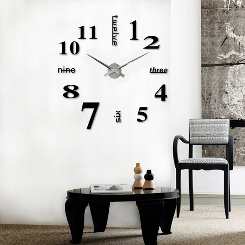 Reloj 3d Gigante 120cm Negro Pared Decor Espejo Black Ingles