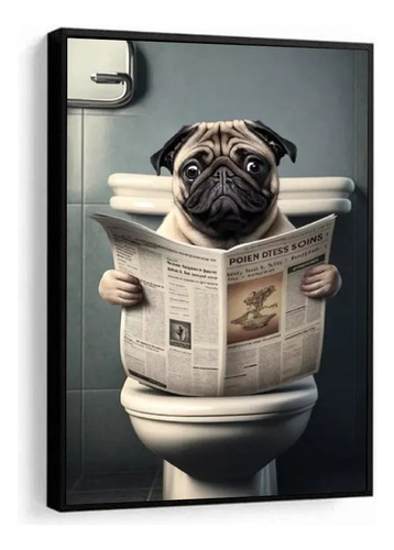 Quadro Decorativo Moderno Pug Lendo Jornal Lavabo Banheiro