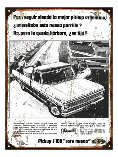 Cartel De Chapa Publicidad Antigua Pick Up F100 Ford L207