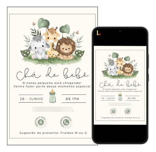 Convite Chá De Bebê Digital Interativo Animaizinhos Safari Verde-musgo