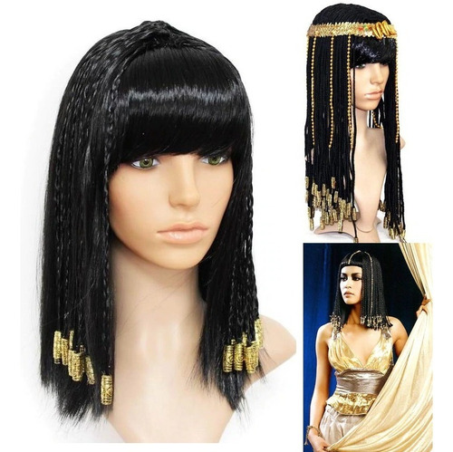Peluca Negra Egipcia De Reina Cleopatra Con Flecos Disfraz