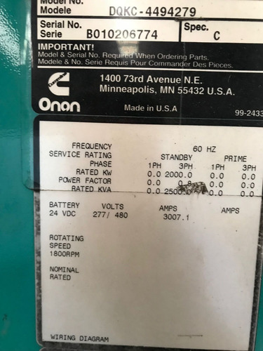 Generador Planta De Luz Onan Cummins 2000kw 2500kva