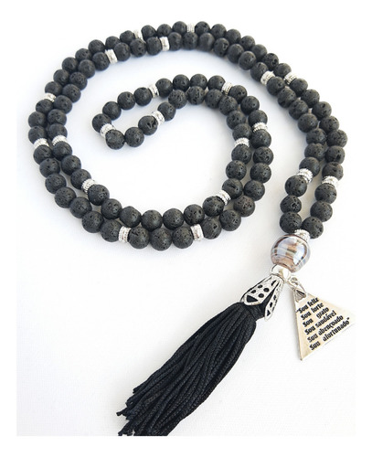 Japamala 108 Contas Pedra Natural Lava Vulcânica Meditação Cor Preto