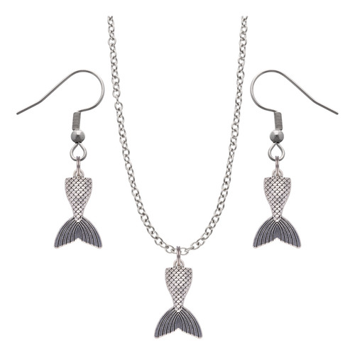 Kit Collar Y Aretes Animales Acuáticos Dije Cadena Acero Plateado Cola Sirena Ariel