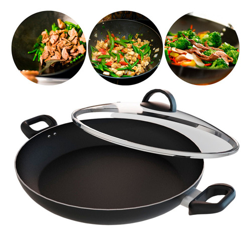 Panela Wok Antiaderente Com Tampa Preta