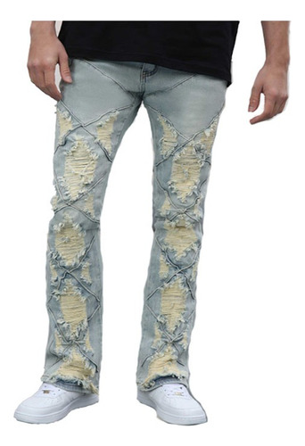 Logeqi® Jeans  Acampanados Rotos Cruzados Hombre