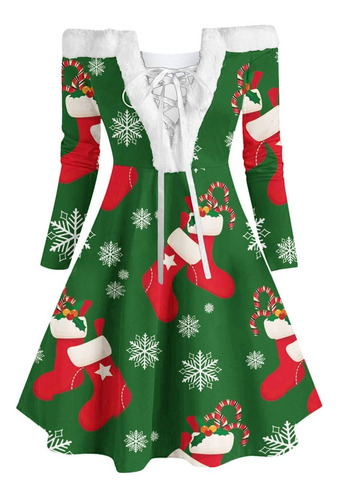 Vestido Navidad Manga Larga Para Mujer Hombro Descubierto