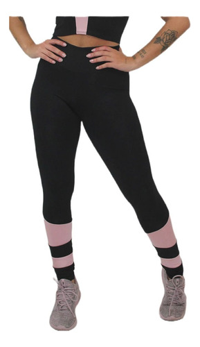 Calça  Preto Com Rosê Legging Fitness Detalhe Canela