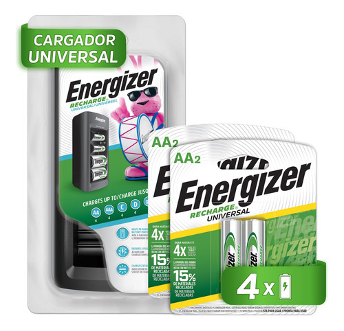 Cargador Universal Pilas Energizer + 4 Pilas Recargables Aa