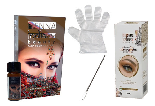 Kit Henna Sobrancelha Designer Removedor Gel Indiana Beauty Cor Castanho Claro