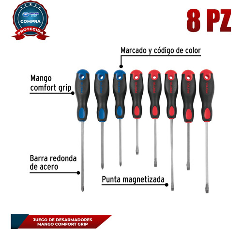 Juego/desarmadores ,8 Pzas, Mango Comfort Grip, Pretul 20219