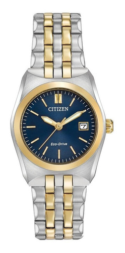 Reloj pulsera Citizen Corso EW229 de cuerpo color plateado, analógico, para mujer, fondo azul, con correa de acero inoxidable color plateado y dorado, agujas color dorado y blanco, dial dorado, minutero/segundero blanco, bisel color dorado y desplegable