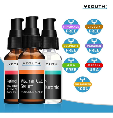 Kit De Suero De Retinol, Vitamina C Y Ácido Hialurónico