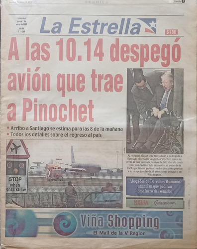 Diario-marzo Año 2000 Informa Regreso De Pinochet A Chile.