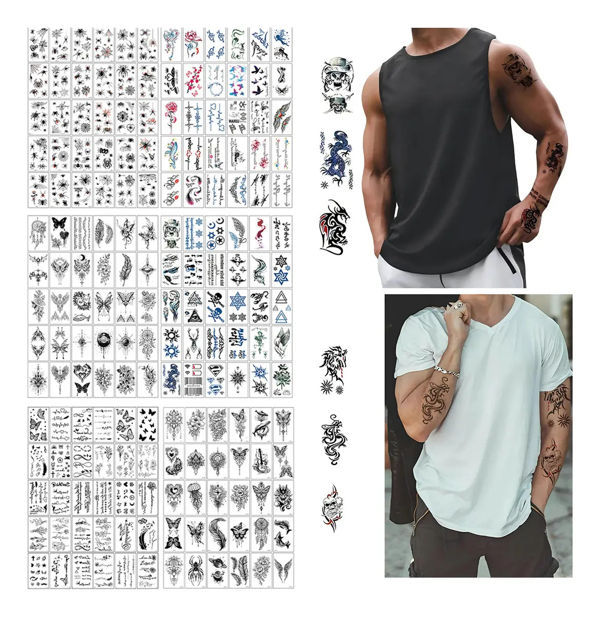 Pack de 180 Tatuajes Temporales WELAGO para Adultos y Niños, con Diseños Surtidos Negro
