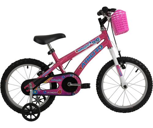Bicicleta Passeio Infantil Athor Bikes Baby Girl Aro 16 Feminina Bike Com Cestinha Freio V-break Cor Rosa Descanso Lateral