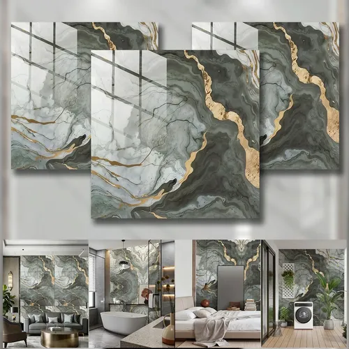 Kit 20 Placas Adesivas Autocolantes Mármore 3d Decoração Verde Jade Com Dourado Brilhante
