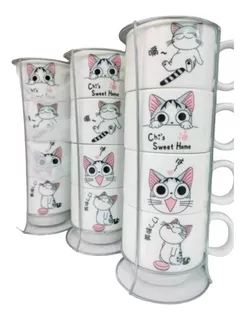 Set De Tazas Apiladas Gato Chi Con Soporte Acero Inoxidable