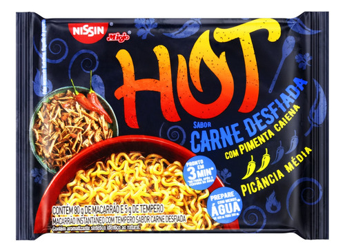 Macarrão Instantâneo Carne Desfiada com Pimenta-Caiena Nissin Miojo Hot Pacote 85g