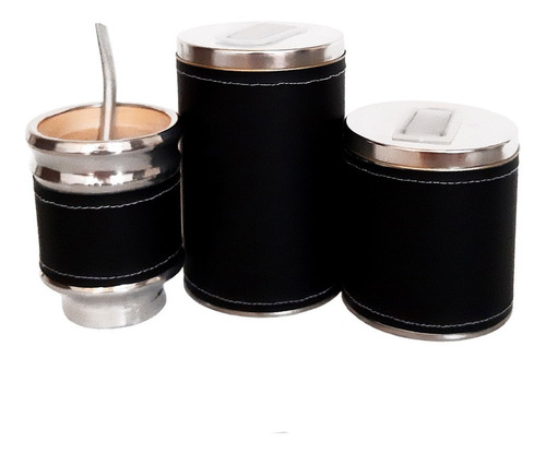 Combo Mate Aluminio Madera Yerbera Azucarera Latas Negro