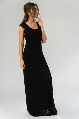 Vestido Largo Fiesta Negro Clasico Espalda Al Aire Manguitas