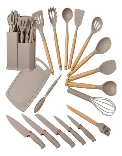 Kit Utensílios Jogo 19 Peças Conjunto Em Silicone De Cozinha Bege