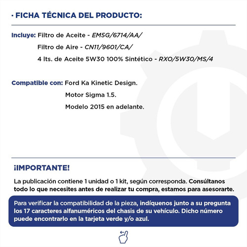 Kit 2 Filtros Aceite + Aire + Aceite 5w30 X 4 Lts. Ford Ka