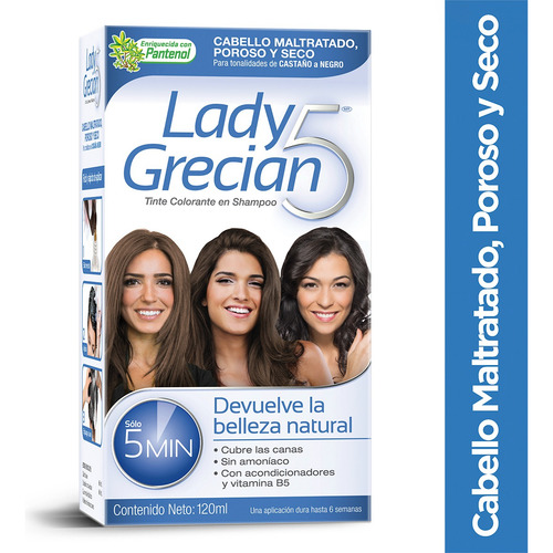 Kit Tinte Lady Grecian Tinte colorante en shampoo para cabello maltratado tono castaño/negro x 120mL