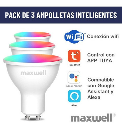 Imagen 2 de 7 de Ampolletas Inteligentes Set X3 Maxwell Gu10 Wifi Tuya Rgb 5w 0