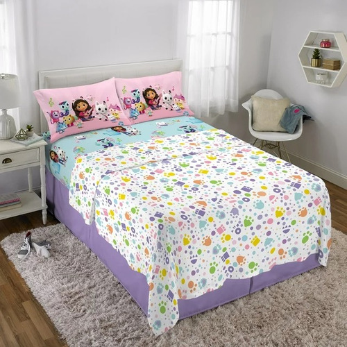 Juego Completo 4pzs De Sábanas Para Niños Gabby's Dollhouse Color Blanco Diseño De La Tela Animation