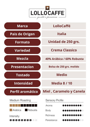 Café En Grano Molido Lollocaffé, Crema Classico + Nero Crema