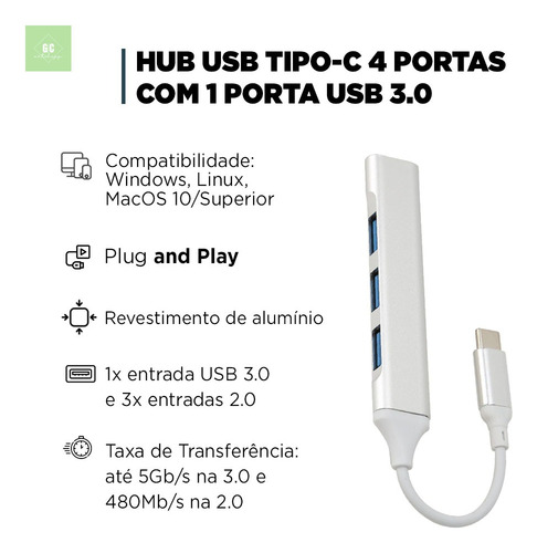 Adaptador Hub Extensor 4 Portas Tipo C Para Usb Pc Notebook