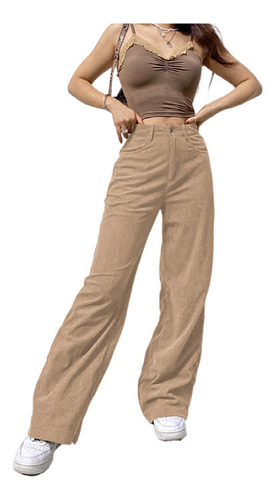 Pantalones Holgados De Pana Fina Y Cintura Alta Para Mujer