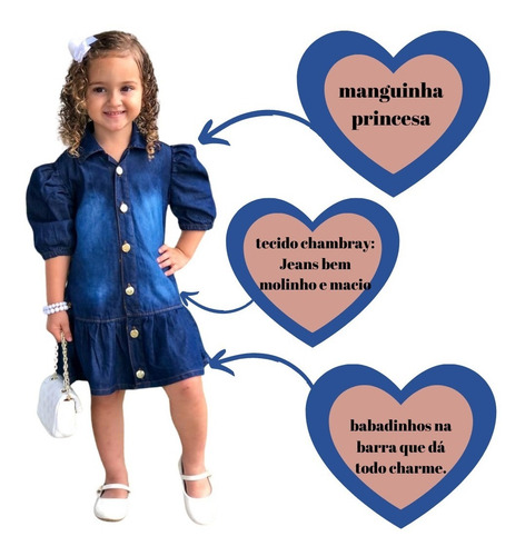 Imagem 3 de 9 de Vestido Infantil Jeans Blogueirinha Costas Coração Princesa