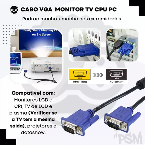 2x Cabo Vga Ligar Monitor Cpu Computador Pc Gabinete Imagem