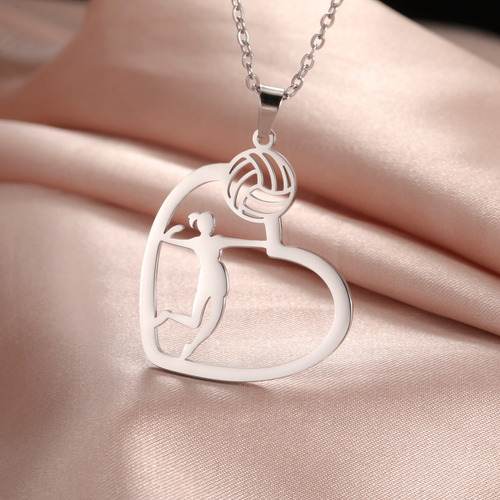 Set Collar Y Aretes Jugadora Balon Voleibol Acero Inoxidable Plateado