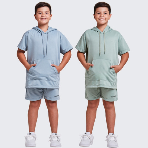 Kit 2 Conjuntos Infantil Kids Moletom Camisa Shorts Canguru