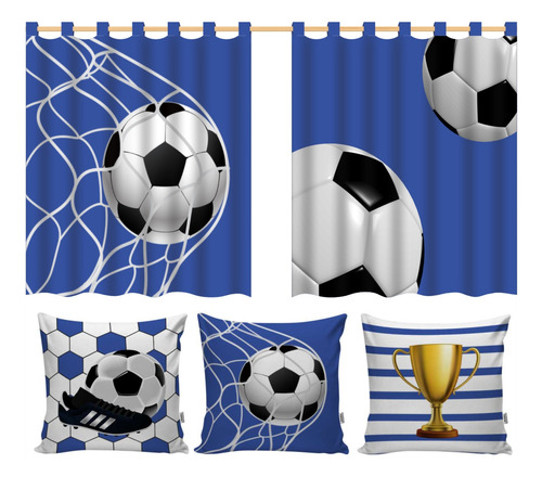 Kit Cortina Infantil + 3 Capas De Almofadas Futebol Azul