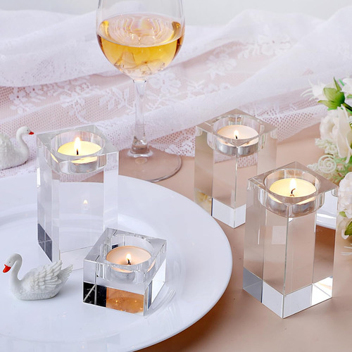 6 Portavelas De Cristal Transparente, Candelabros Cuadrados