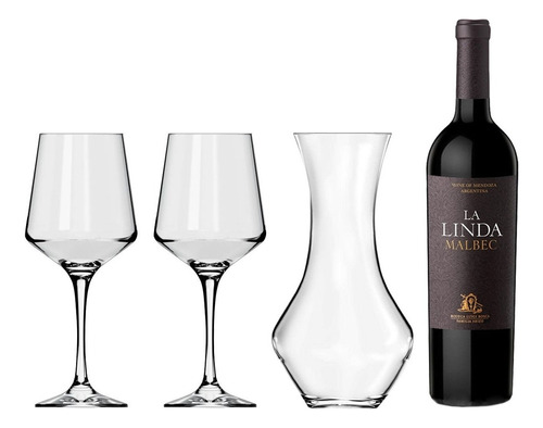 Set Vino La Linda Malbec + 2 Copas Brunello 490ml + Decanter