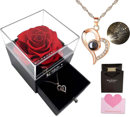 Rosa Eterna Real Preservada+ Collar,regalo Esposa Hija Madre