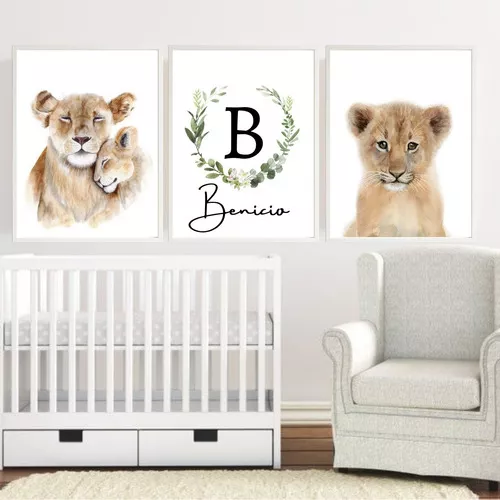 Quadro decorativo estilo nobre quadros decorativos infantil com moldura e vidro 23x33 infantil safari animais aquarela felinos filhote com nome personalizado cor da armação branco de 33cm x 23cm de 3u